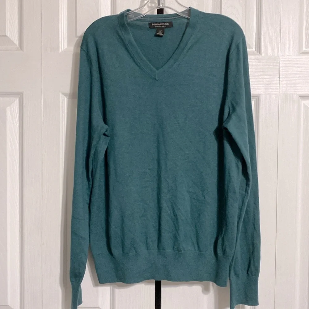 Mens Banana republic green silk cotton cashmere knit v-neck sweater size M